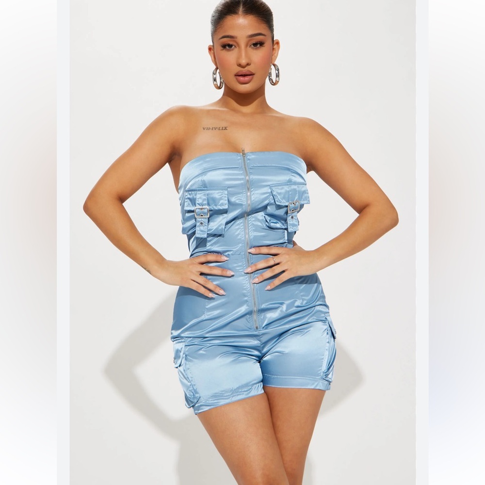 Fashion Nova Light Blue Satin Romper